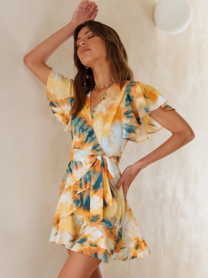 Kvinnors Tie Dye Wrap Dress V-neck Bältade Korta Ärmar Casual Sommar Klänningar - Gul