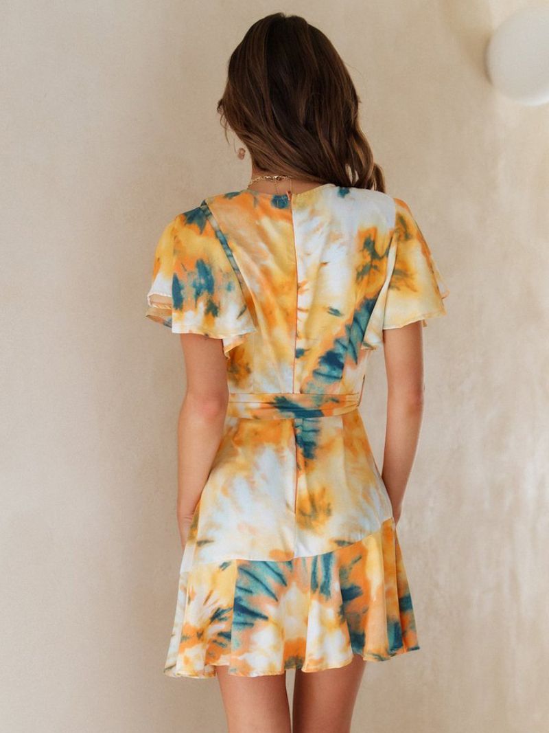 Kvinnors Tie Dye Wrap Dress V-neck Bältade Korta Ärmar Casual Sommar Klänningar - Gul