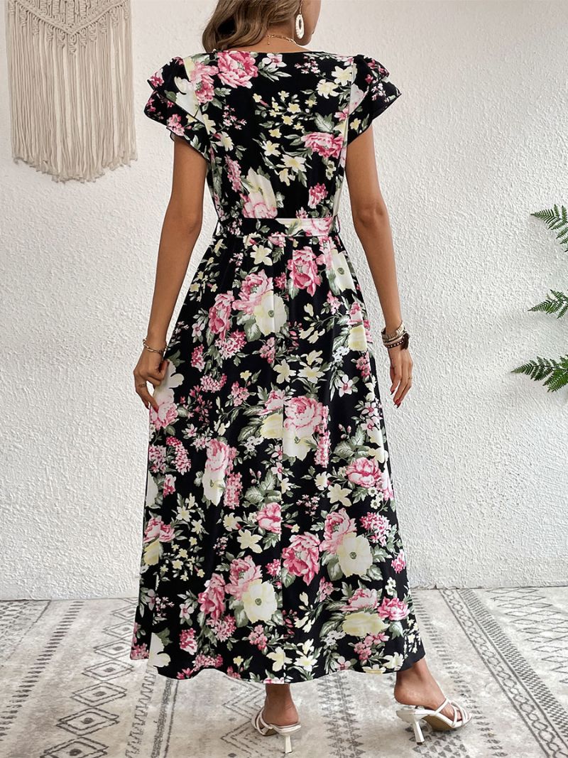 Kvinnors V-ringad Maxi Korta Ärmar Casual Blommor Print Hög Slits Golv Längd Klänning - Svart