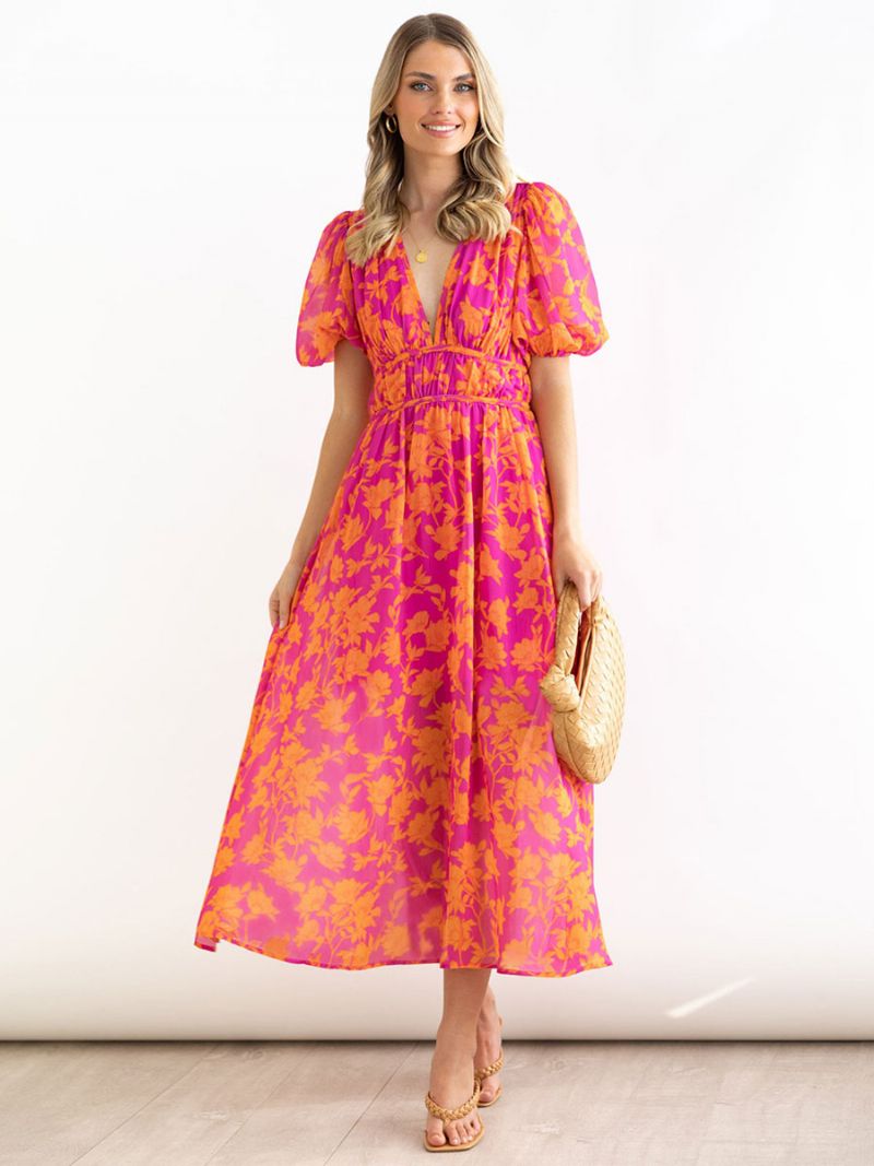 Sommarklänning För Kvinnor Med V-ringad Blommönster Rose Long Beach Dress