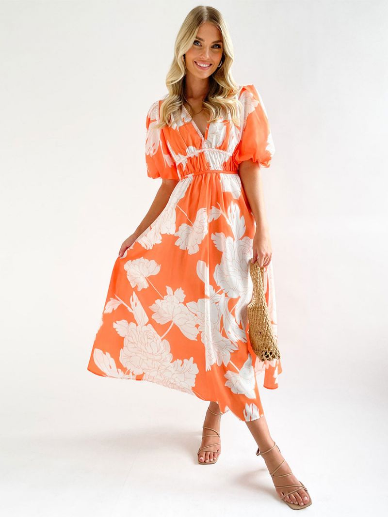 Sommarklänning För Kvinnor Med V-ringad Blommönster Rose Long Beach Dress - Orange