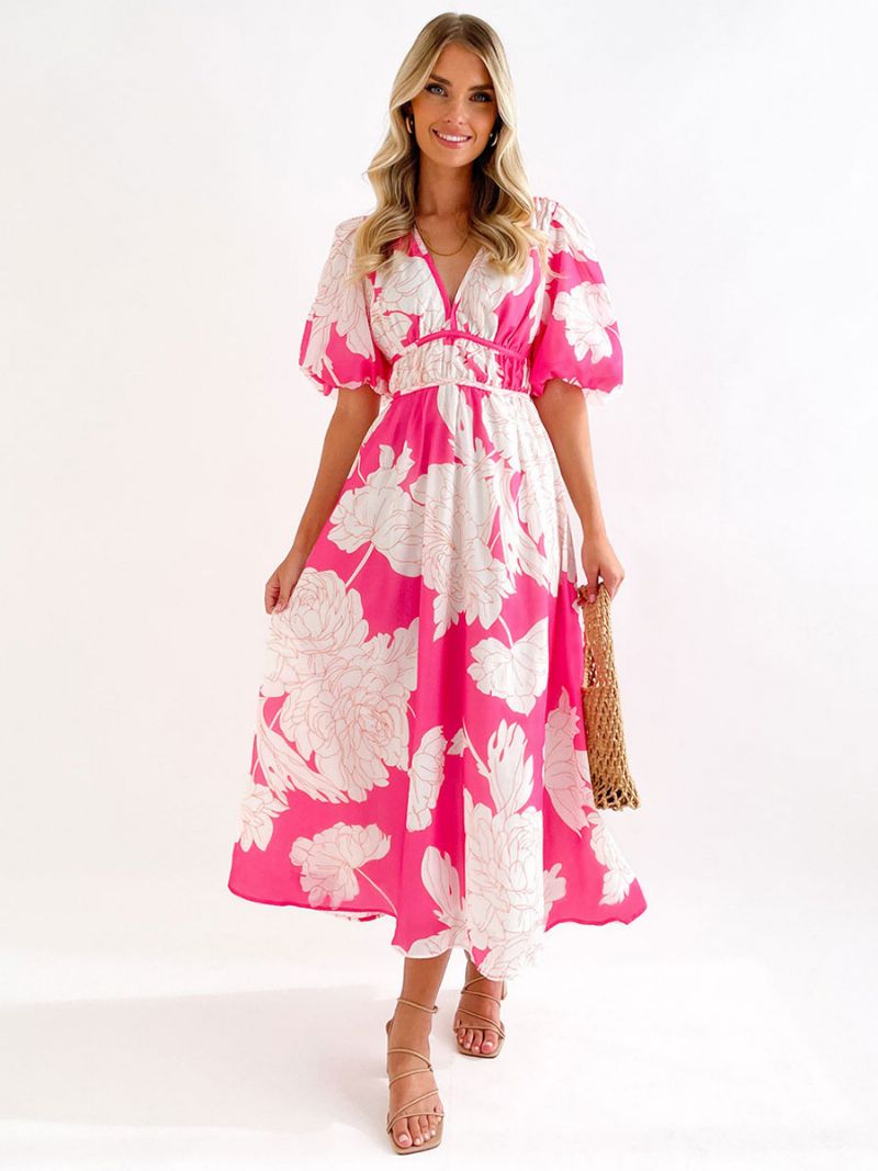 Sommarklänning För Kvinnor Med V-ringad Blommönster Rose Long Beach Dress - Rosa