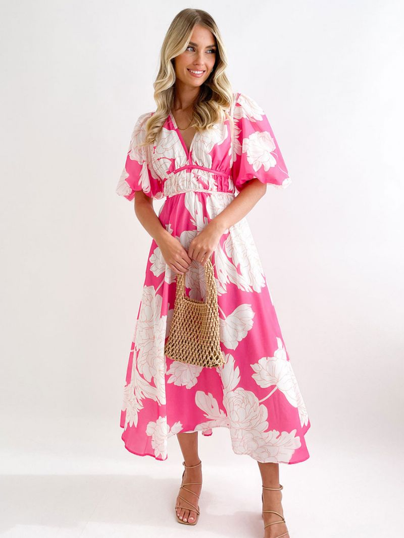 Sommarklänning För Kvinnor Med V-ringad Blommönster Rose Long Beach Dress - Rosa