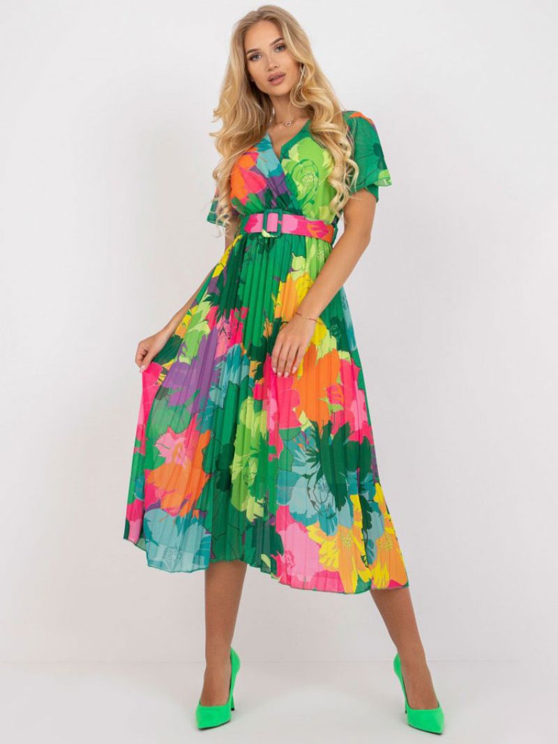 Sommarklänning För Kvinnor Med V-ringad Blommönster Sash Green Medium Beach Dress