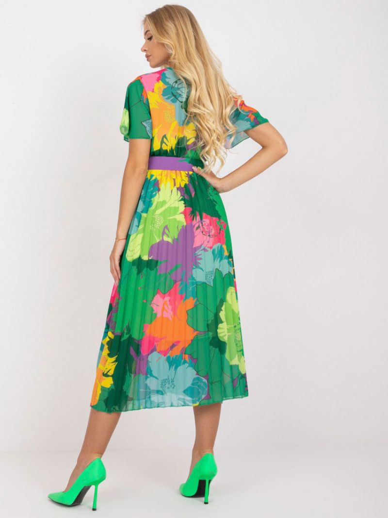 Sommarklänning För Kvinnor Med V-ringad Blommönster Sash Green Medium Beach Dress - Grön