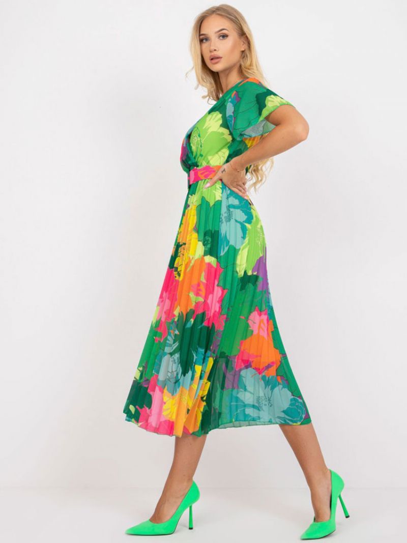 Sommarklänning För Kvinnor Med V-ringad Blommönster Sash Green Medium Beach Dress - Grön