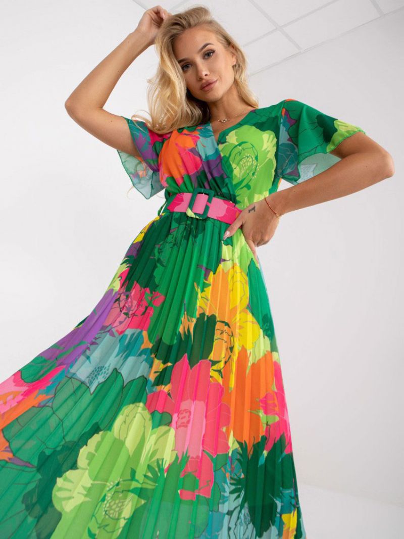 Sommarklänning För Kvinnor Med V-ringad Blommönster Sash Green Medium Beach Dress - Grön