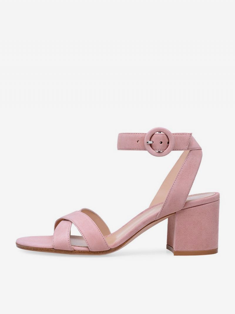 Block Häl Sandaler Kvinnor Öppen Toe Mid Heel Ankel Strap Prom Skor - Rosa