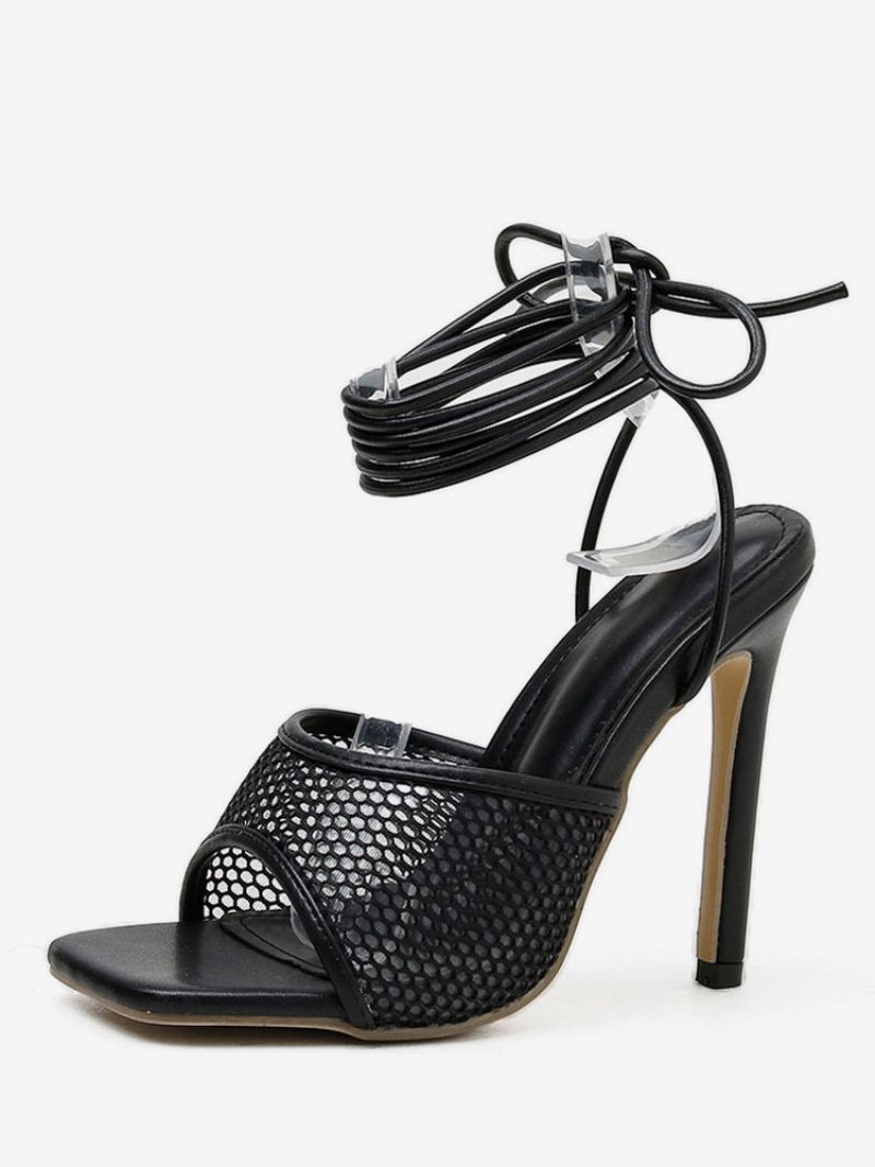 Dam Mesh Strappy Stiletto Prom Heel Sandaler - Svart