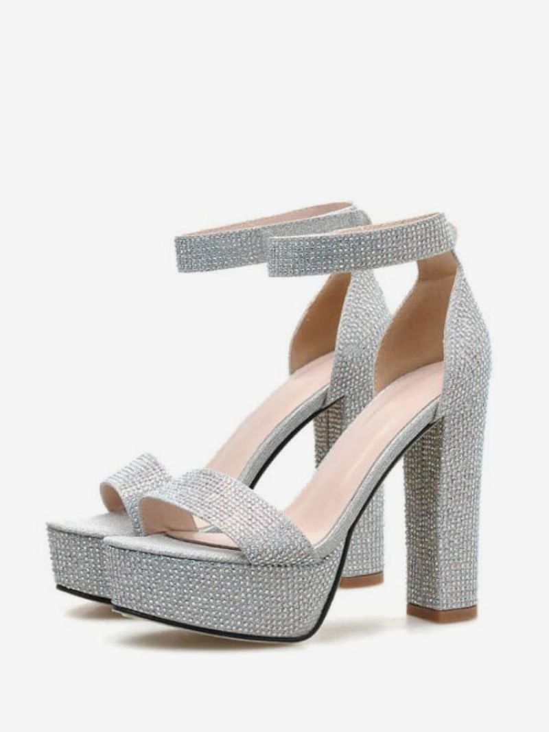 Dam Rhinestones Platform Ankelrem Chunky Heel Evening Sandaler I Silver