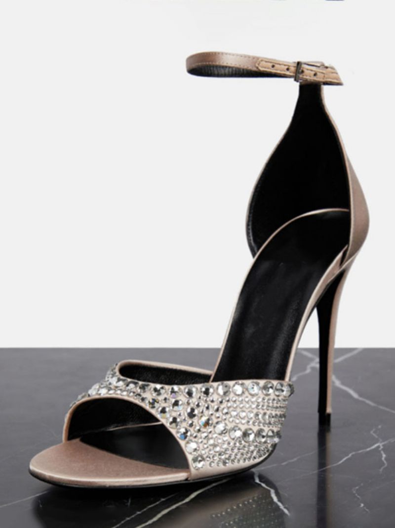 Damhälsandaler Peep Toe Strass Stilettklack Ankelrem Balskor - Champagne