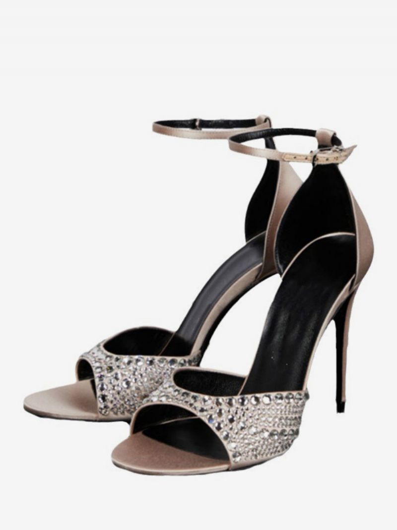 Damhälsandaler Peep Toe Strass Stilettklack Ankelrem Balskor - Champagne