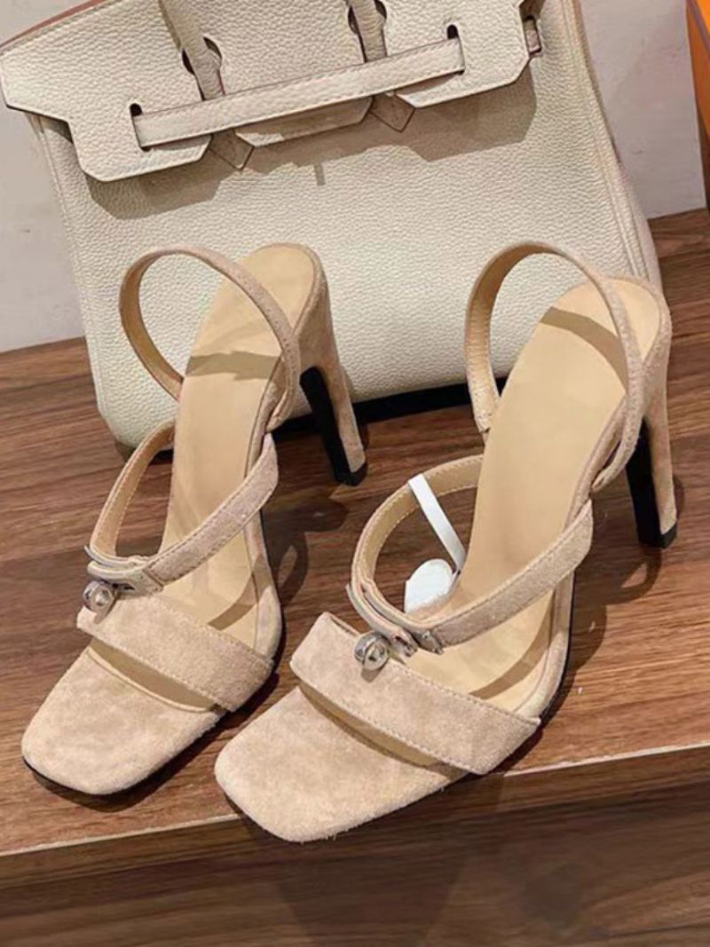 Damsandaler Med Hög Klack I Mocka Fyrkantig Tåspänne Detalj Strappy Sandalskor