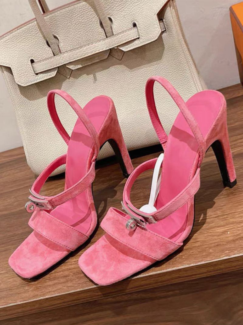 Damsandaler Med Hög Klack I Mocka Fyrkantig Tåspänne Detalj Strappy Sandalskor - Rose