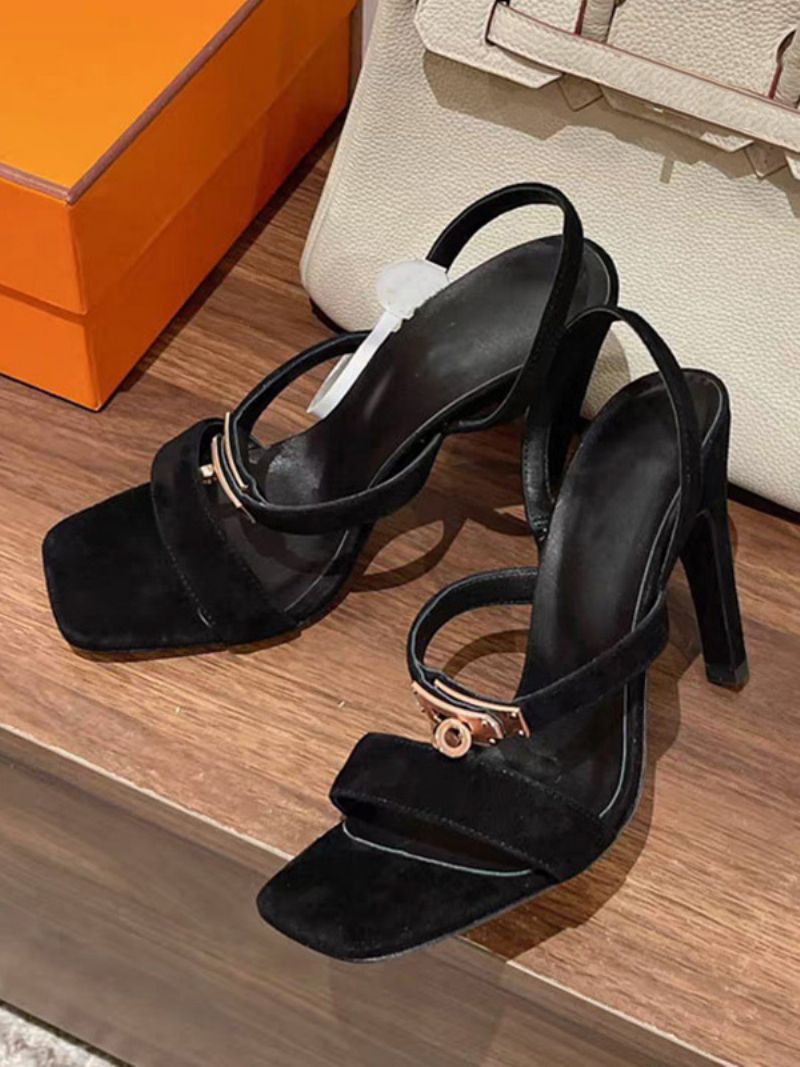 Damsandaler Med Hög Klack I Mocka Fyrkantig Tåspänne Detalj Strappy Sandalskor - Svart