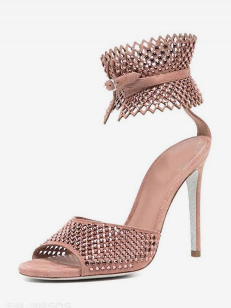 Högklackade Damsandaler Rosa Peep Toe Strass Cut Out Balskor Ankelband Festskor - Rosa