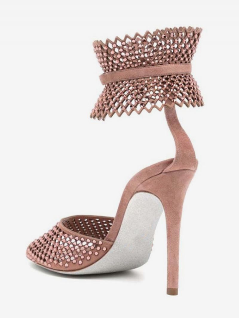 Högklackade Damsandaler Rosa Peep Toe Strass Cut Out Balskor Ankelband Festskor - Rosa