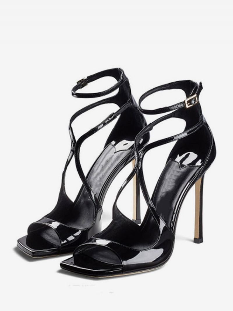 Högklackade Damsandaler Svart Patent Pu Övre Peep Toe Strappy Prom Skor Little Heel Party