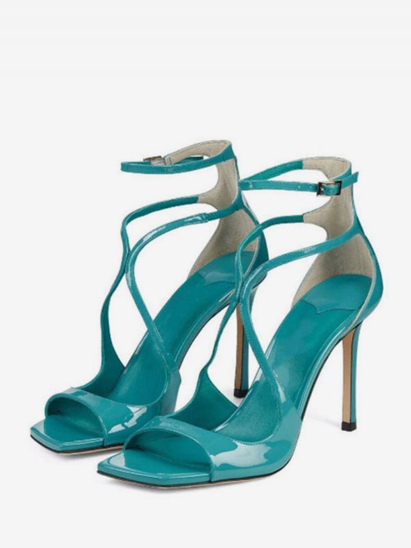 Högklackade Damsandaler Svart Patent Pu Övre Peep Toe Strappy Prom Skor Little Heel Party - Blågrön