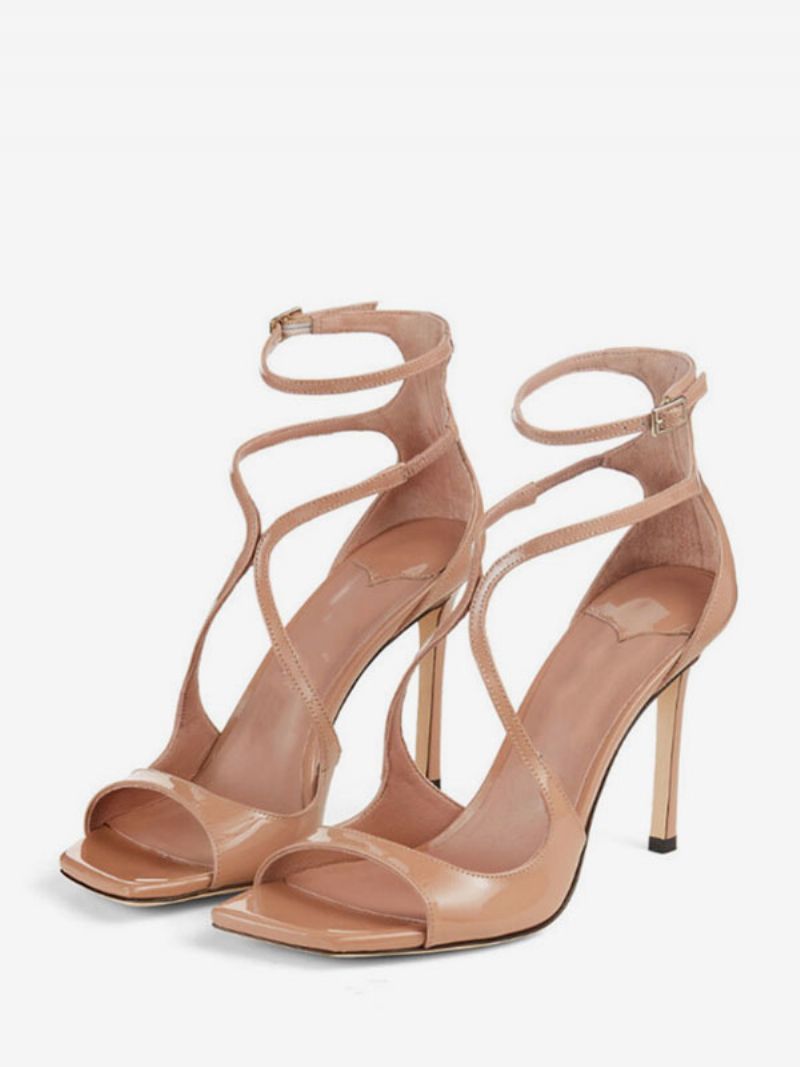 Högklackade Damsandaler Svart Patent Pu Övre Peep Toe Strappy Prom Skor Little Heel Party - Gul / Röd