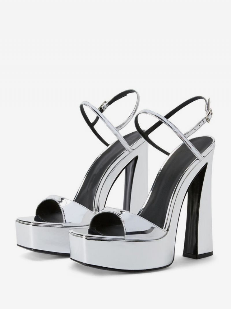 Högklackade Sandaler Black Platform Square Toe Balkskor För Kvinnor - Silver