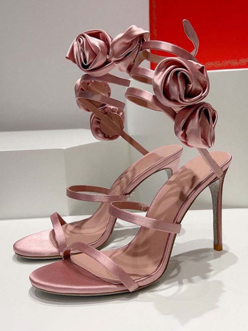 Klackade Sandaler För Kvinnor Satinsvart Öppen Tå Blommor Detalj Strappy Sandal Skor - Rosa