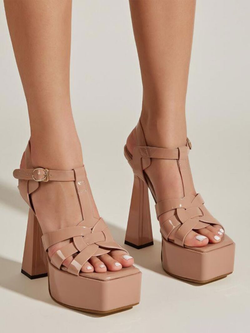 Klacksandaler Dam Svarta Sandaler Med Öppen Tå Chunky Heel Pu Läder Strappy Sandal Skor - Ljusgul