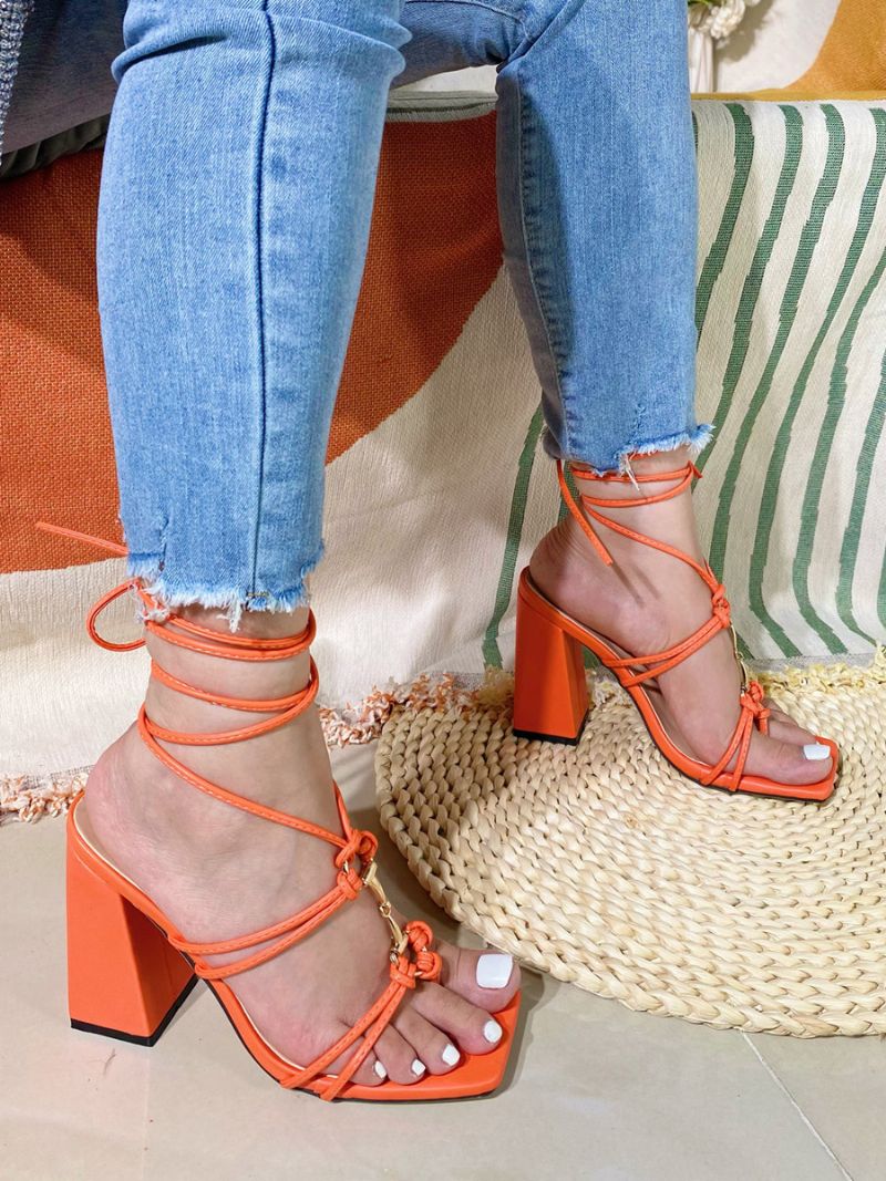 Klacksandaler För Damer Sandaler Med Fyrkantig Tå Chunky Heel Pu-läder - Orange