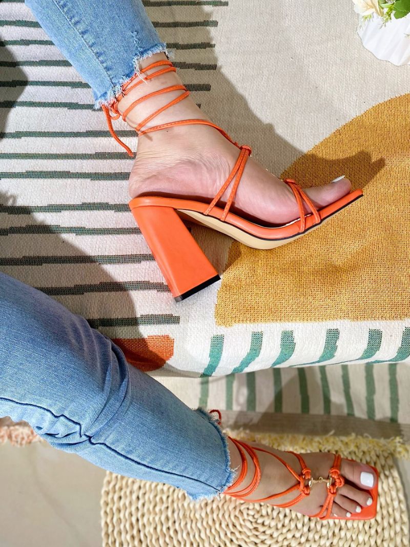 Klacksandaler För Damer Sandaler Med Fyrkantig Tå Chunky Heel Pu-läder - Orange