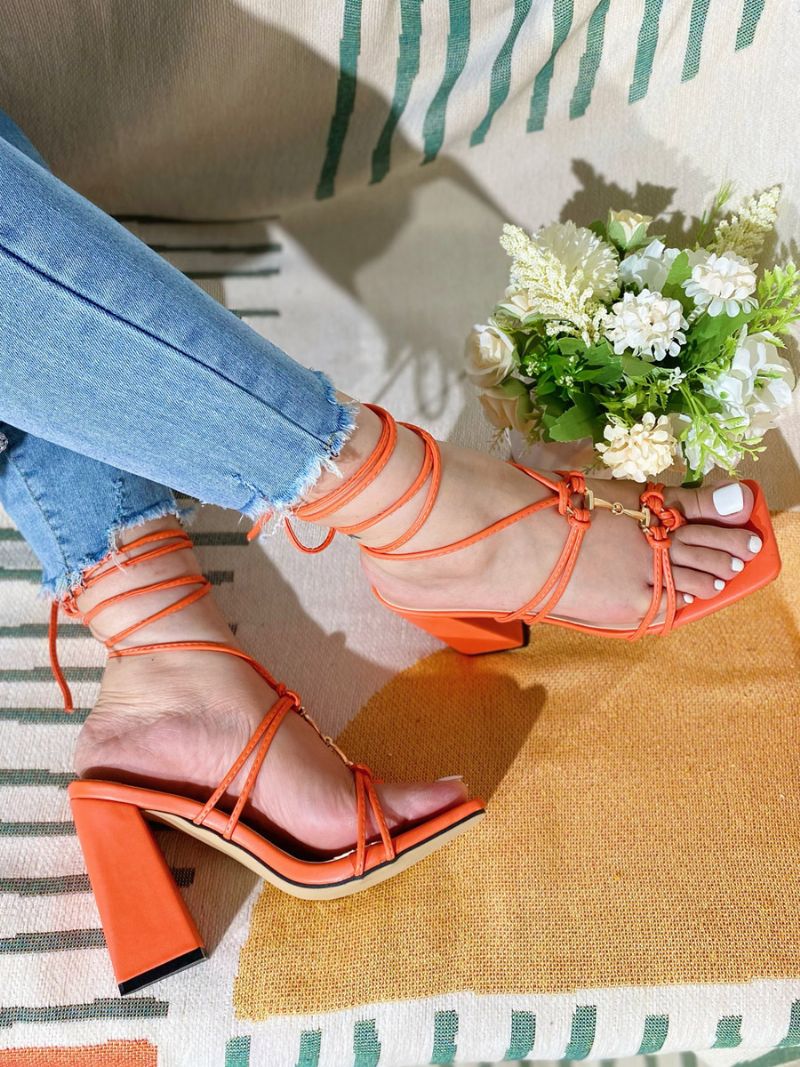 Klacksandaler För Damer Sandaler Med Fyrkantig Tå Chunky Heel Pu-läder - Orange