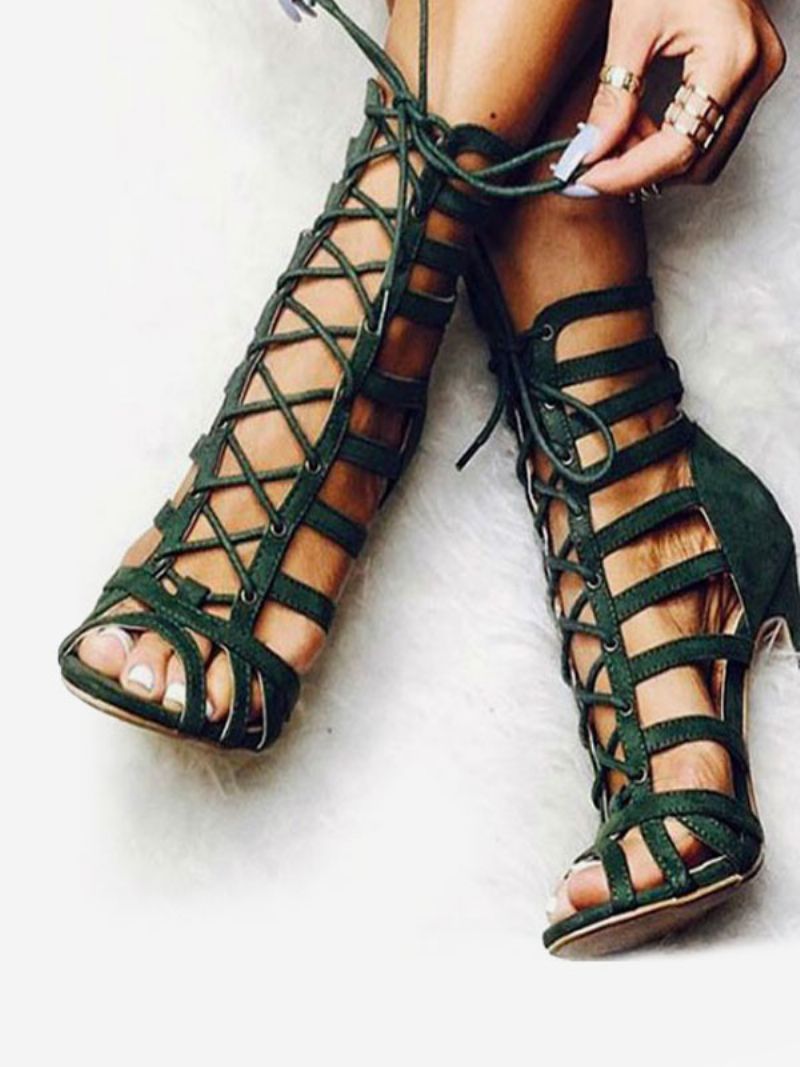 Kvinnor Olive Gladiator Sandaler Lace Up Stiletto Heel