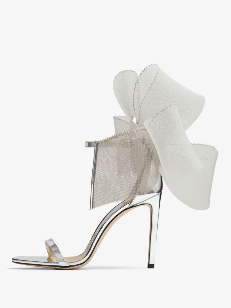 Kvinnors Ankelrem Bow Prom Heel Sandaler Brudskor - Silver