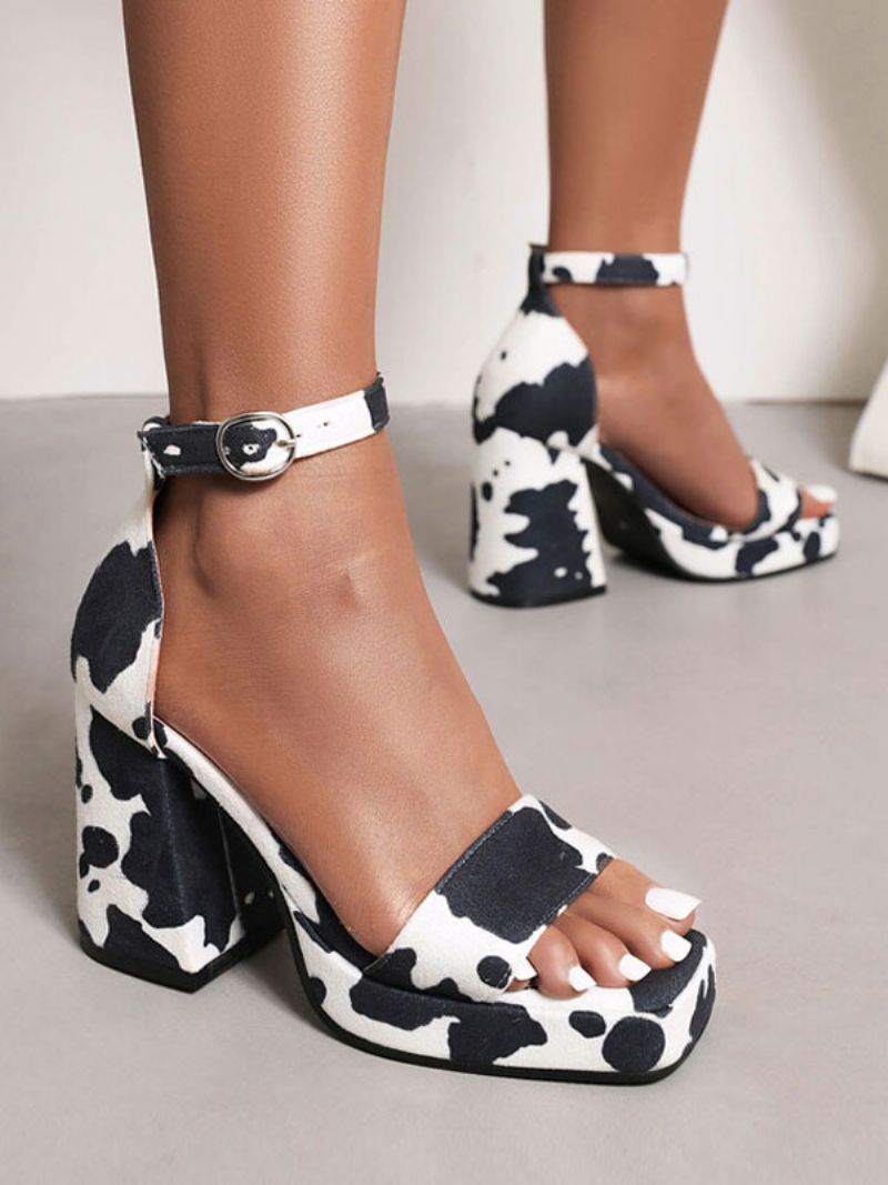 Kvinnors Cow Print Platform Block Heel Sandaler - Svart