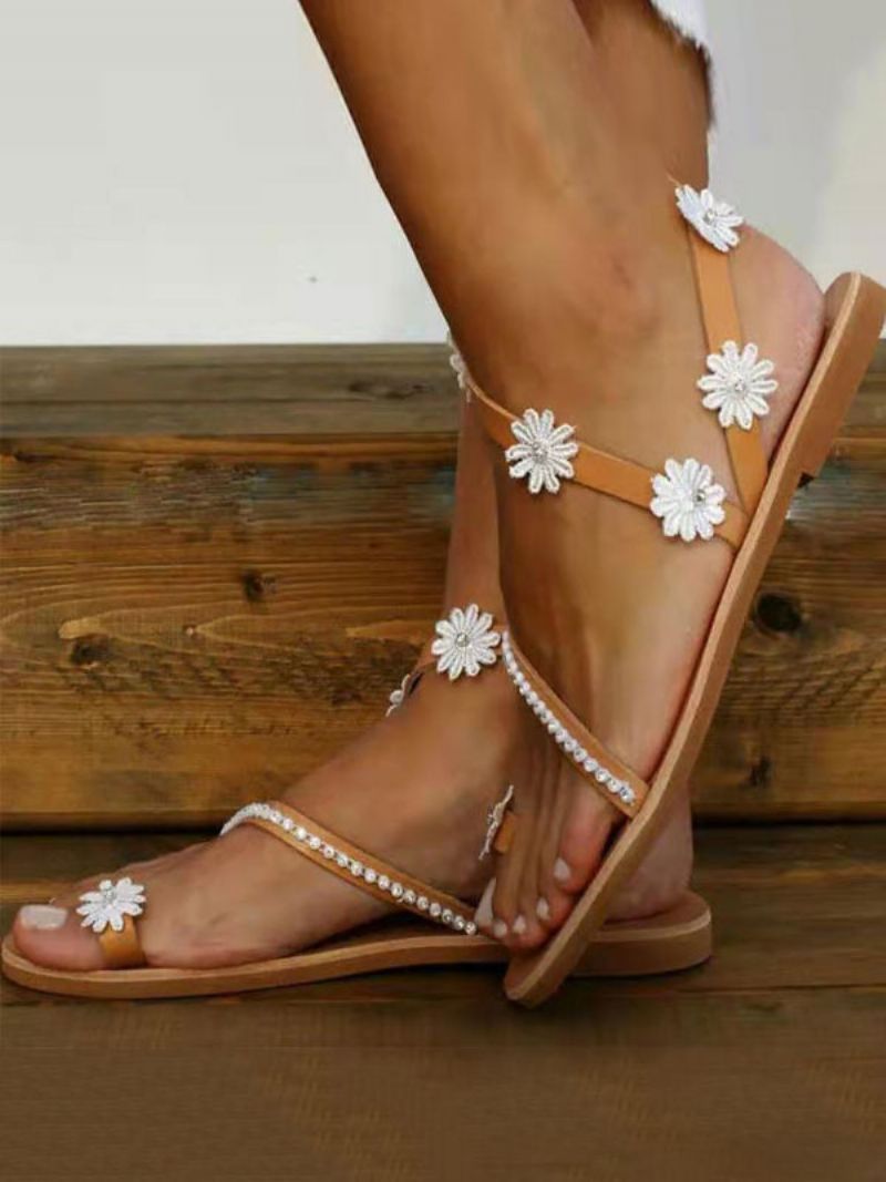 Kvinnors Flower Flat Beach Bröllop Boho Bröllopssandaler - Kaffe Brun