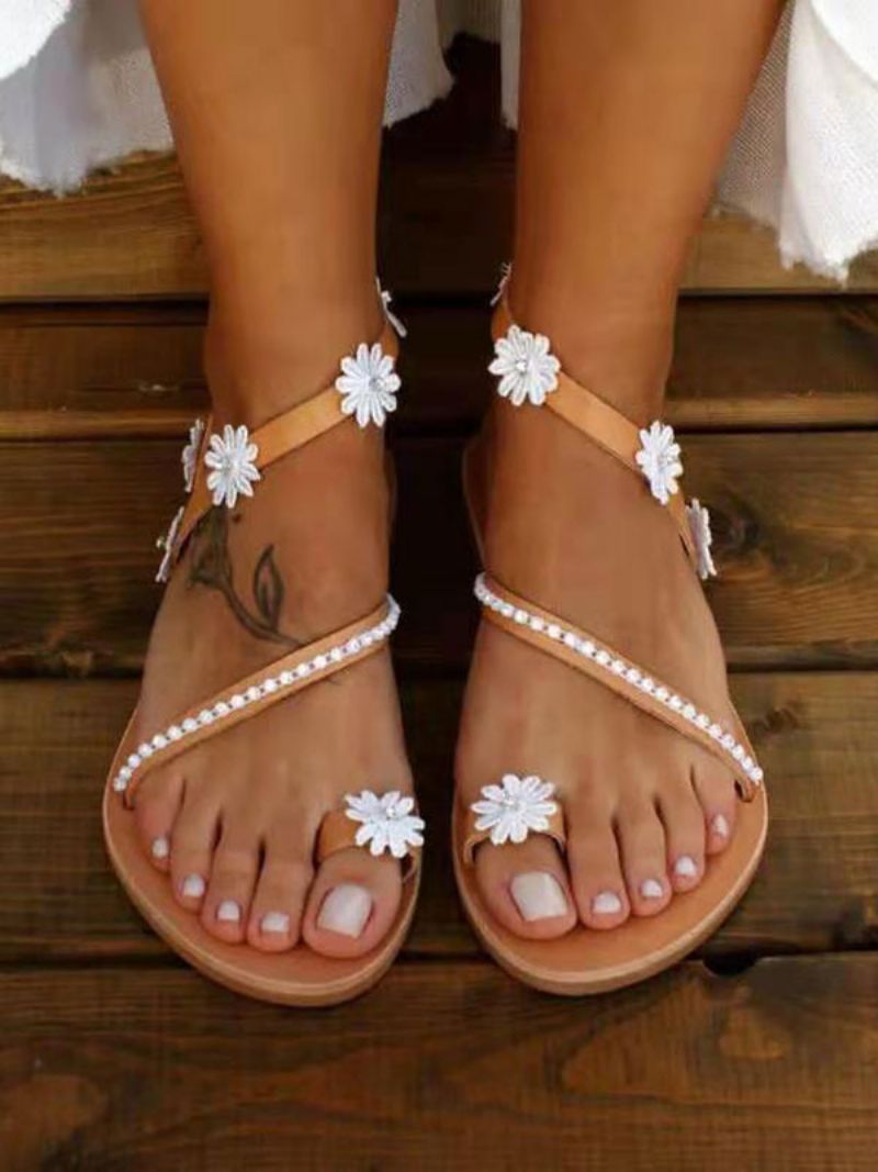 Kvinnors Flower Flat Beach Bröllop Boho Bröllopssandaler - Kaffe Brun