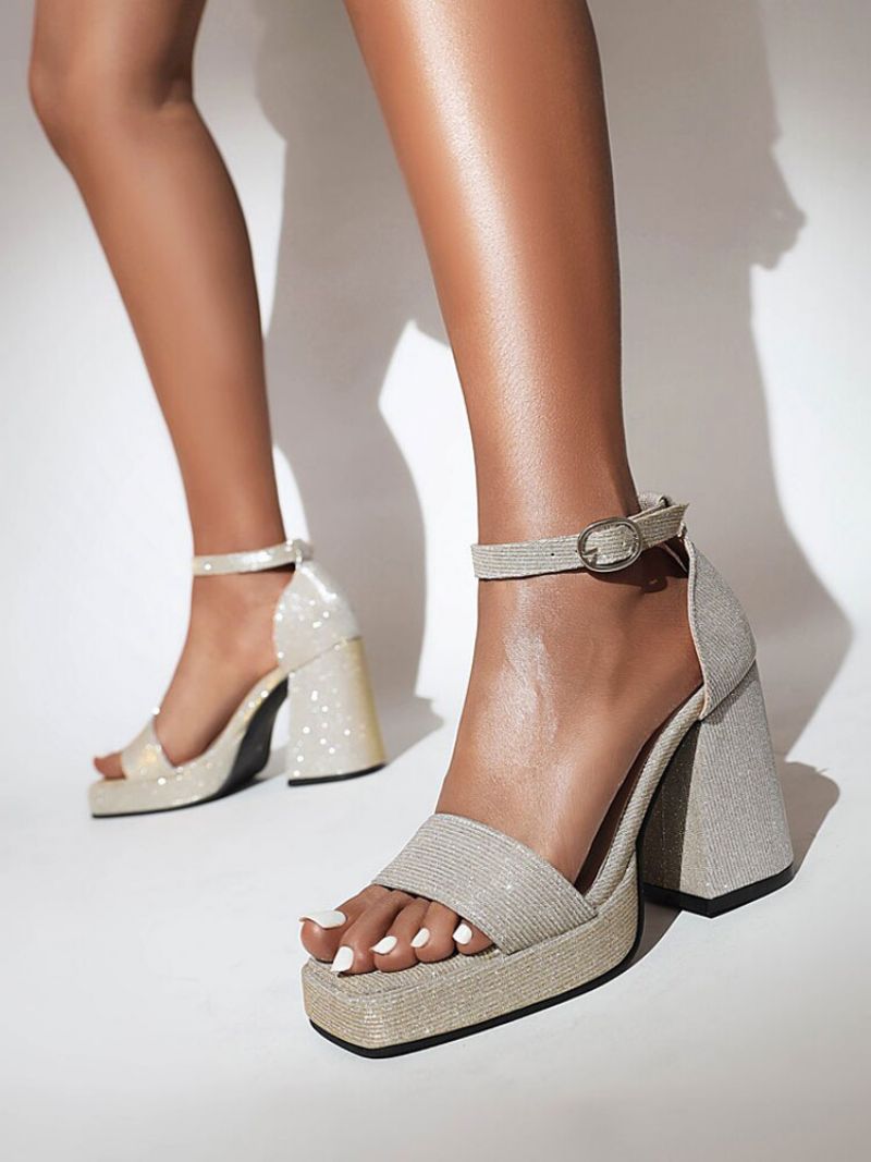 Kvinnors Glittrande Plattform Ankelrem Chunky Heel Evening Sandaler