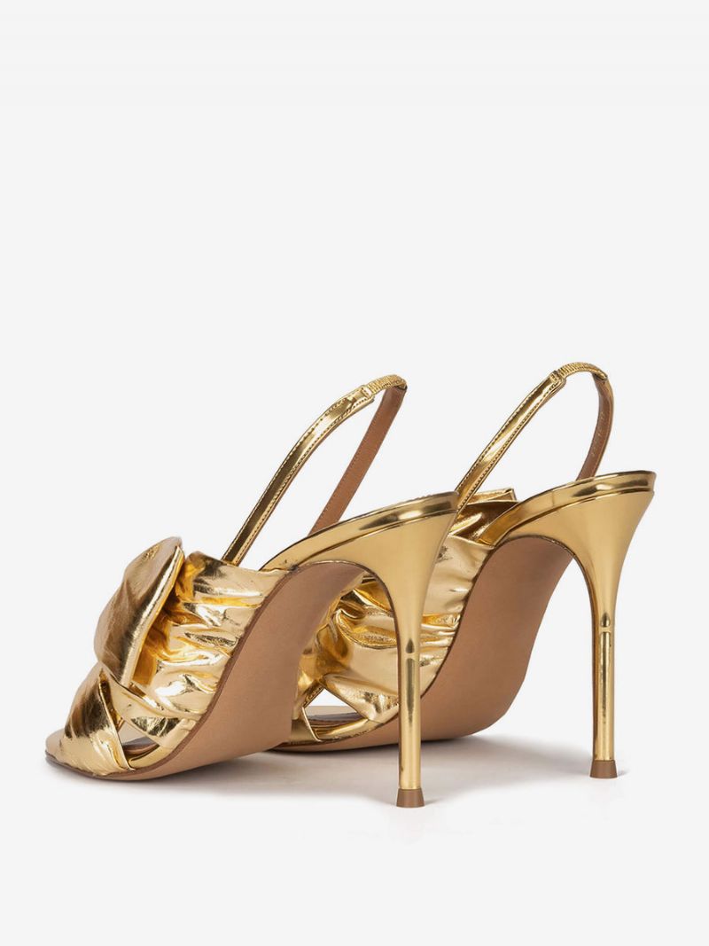 Kvinnors Guldbalskor Högklackade Sandaler Metallic Pu-läder Öppen Tå Knutna Slingback Festskor - Guld