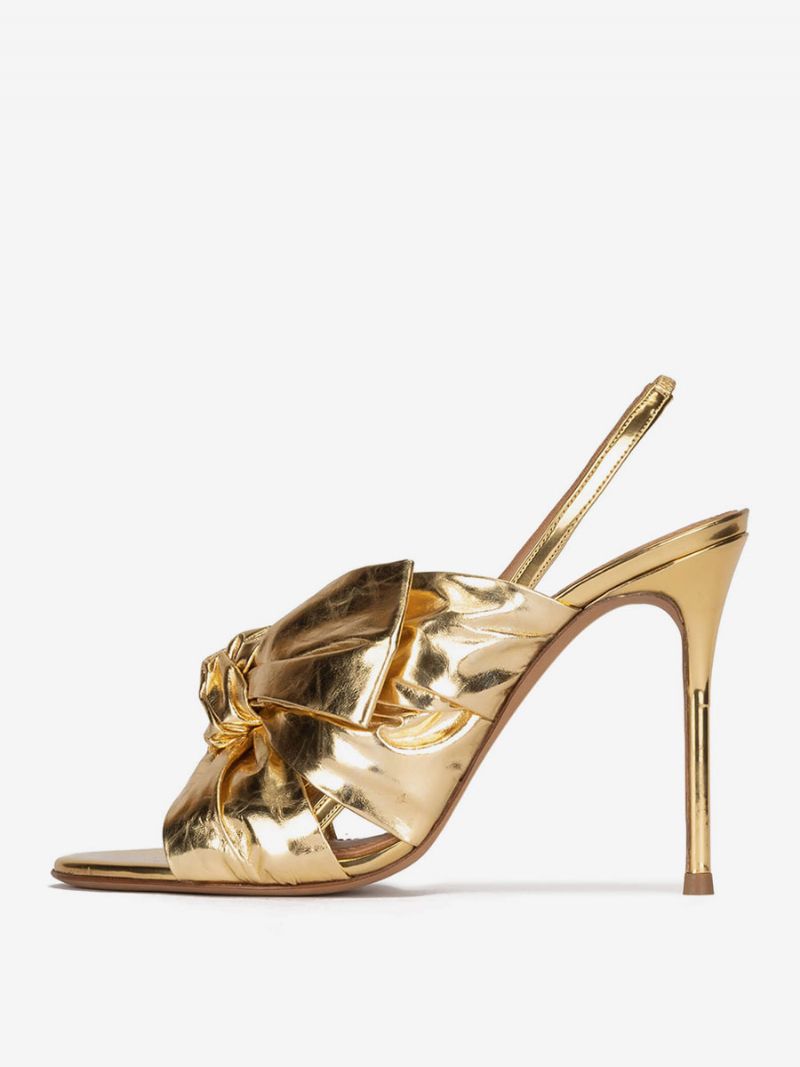 Kvinnors Guldbalskor Högklackade Sandaler Metallic Pu-läder Öppen Tå Knutna Slingback Festskor - Guld