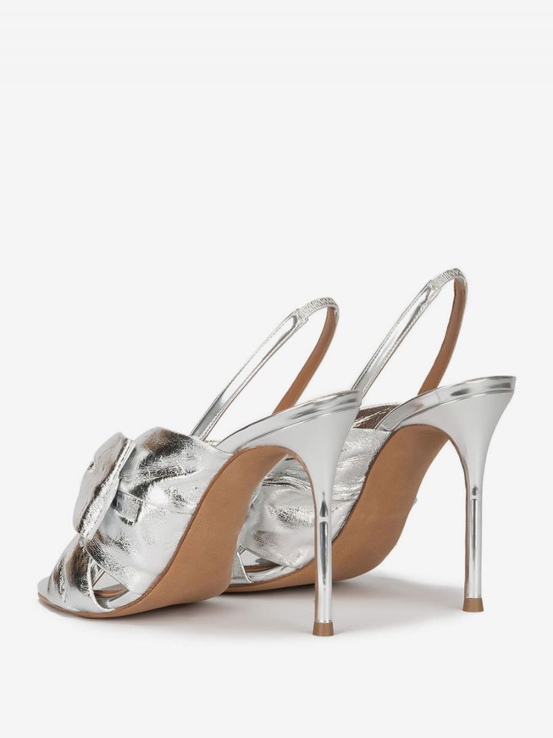 Kvinnors Guldbalskor Högklackade Sandaler Metallic Pu-läder Öppen Tå Knutna Slingback Festskor - Silver