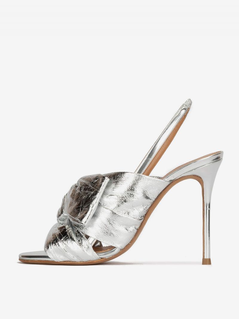 Kvinnors Guldbalskor Högklackade Sandaler Metallic Pu-läder Öppen Tå Knutna Slingback Festskor - Silver