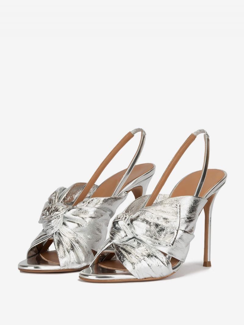 Kvinnors Guldbalskor Högklackade Sandaler Metallic Pu-läder Öppen Tå Knutna Slingback Festskor - Silver