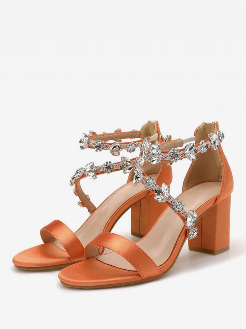 Kvinnors Phinestones Cross Over Bridal Sandaler Chunky Heel - Orange