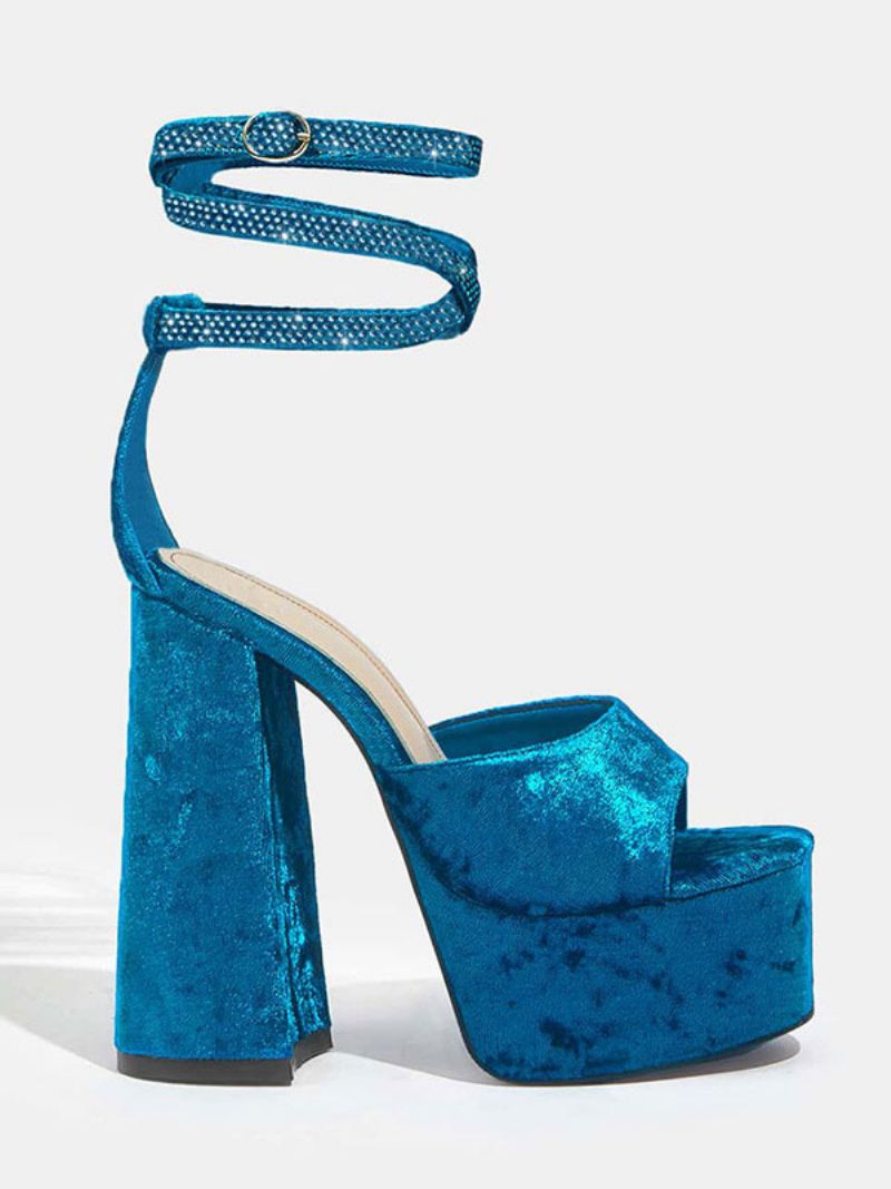 Kvinnors Sammetssandaler Rose Platform Öppen Tåblock Hälsnörssandaler - Royal Blue