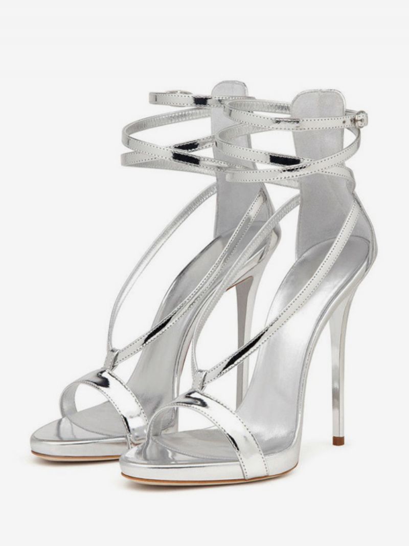 Kvinnors Silver Högklackade Sandaler Metallic Criss Cross Ankel Strap Prom Party Skor