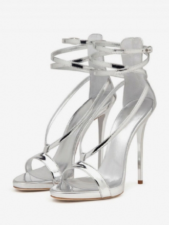 Kvinnors Silver Högklackade Sandaler Metallic Criss Cross Ankel Strap Prom Party Skor