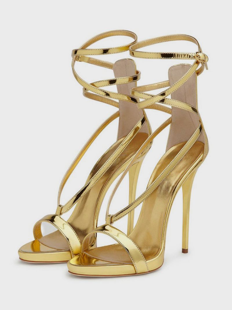 Kvinnors Silver Högklackade Sandaler Metallic Criss Cross Ankel Strap Prom Party Skor - Guld