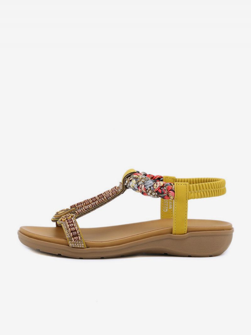 Platt Sandal För Kvinnor Öppen Tå Pu-läder Dubbade T-band Casual Slipper-sandaler - Gul