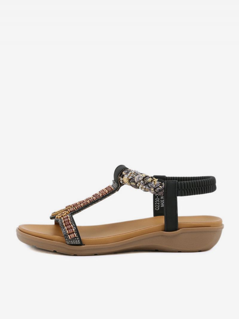 Platt Sandal För Kvinnor Öppen Tå Pu-läder Dubbade T-band Casual Slipper-sandaler - Svart