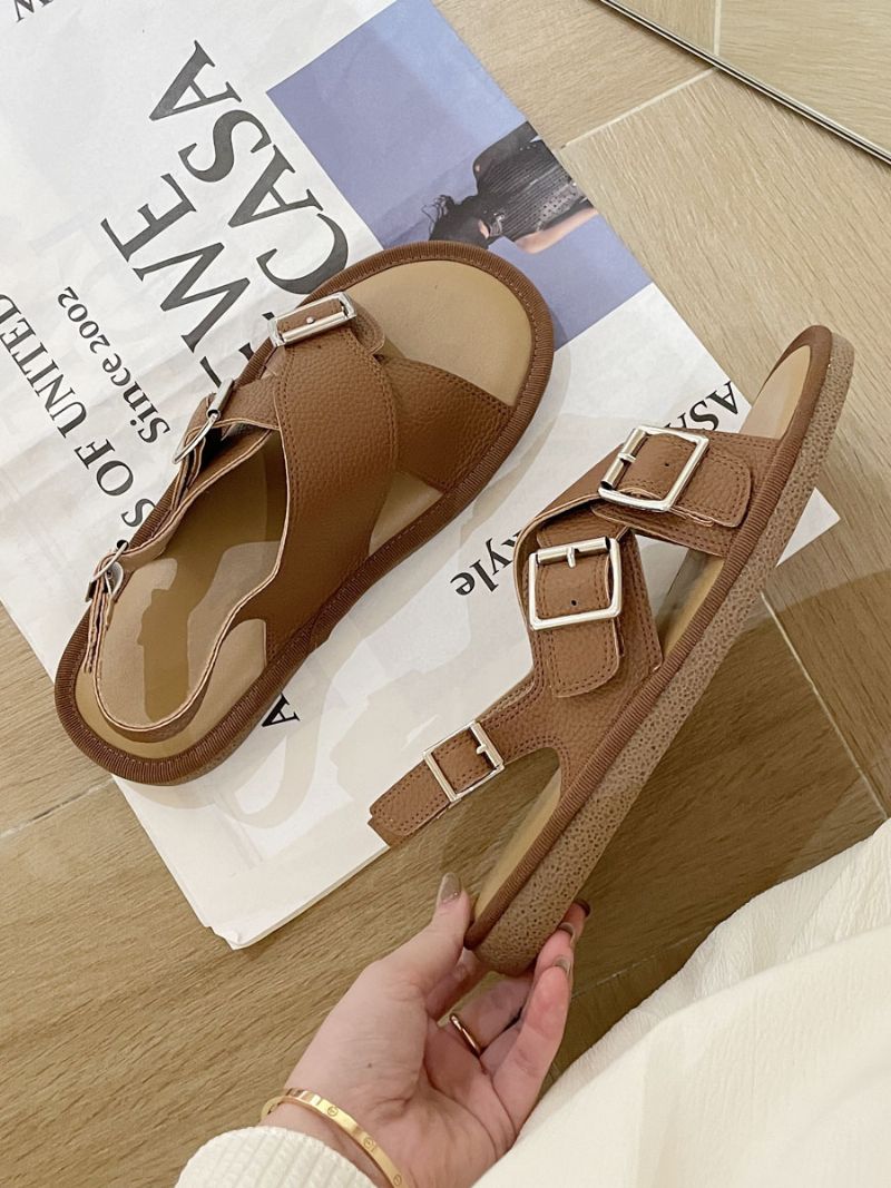 Platta Sandaler För Kvinnor Vit Spänne Criss Cross Sandalskor - Kaffebrun