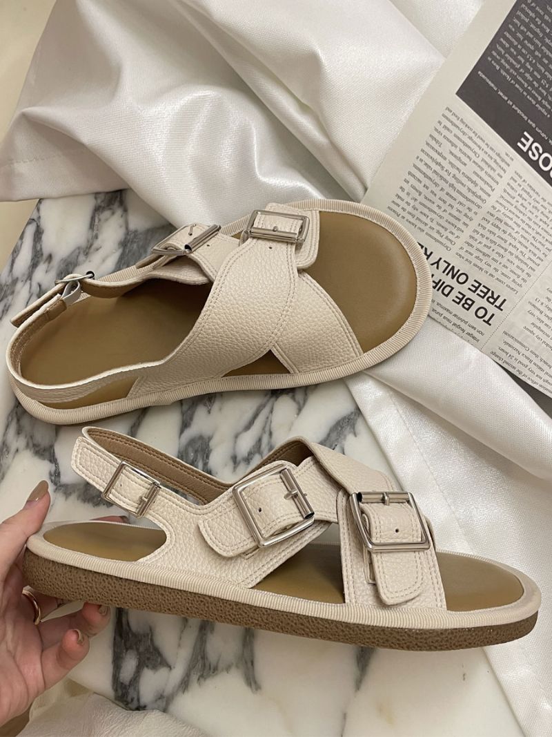 Platta Sandaler För Kvinnor Vit Spänne Criss Cross Sandalskor - Beige